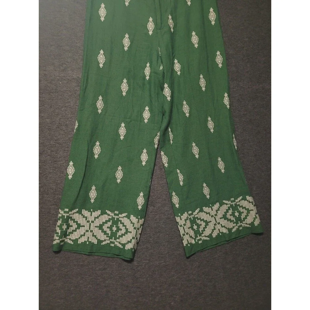 Zara Large pants linen embroidered geometric zip wide leg pockets green